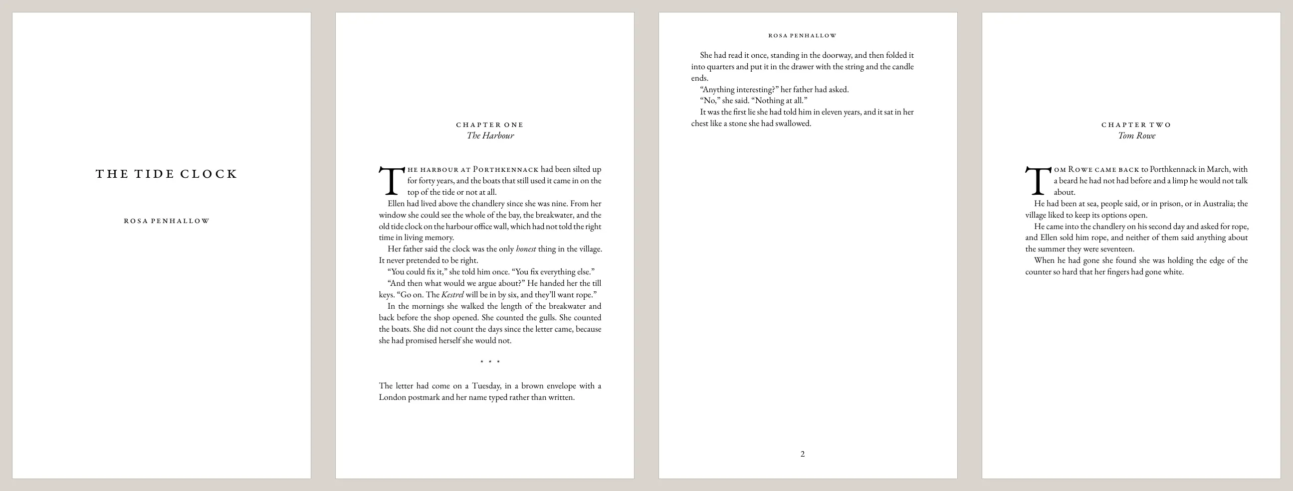 Four printed pages: the title page, Chapter One, a page with the author's name at the top and a page number, and Chapter Two