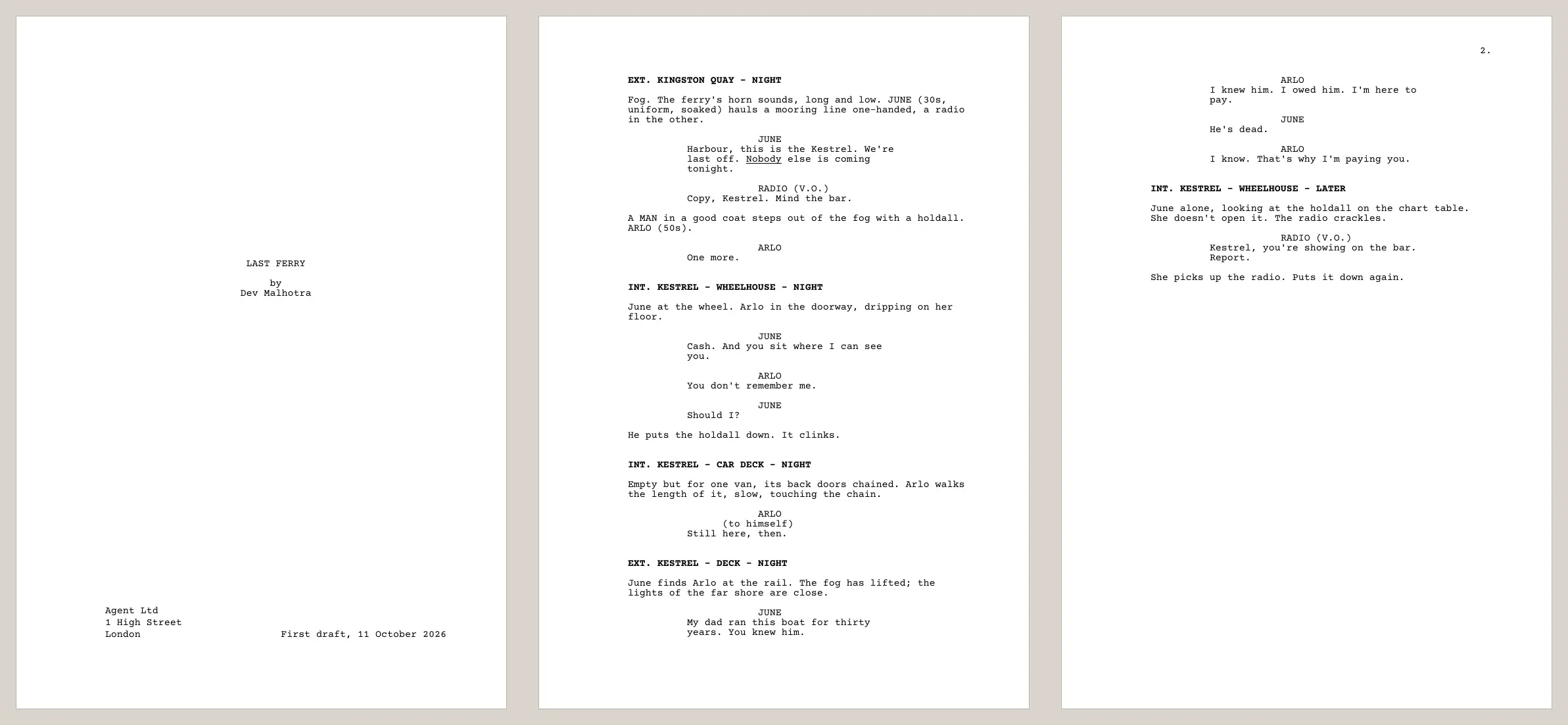 Three printed screenplay pages: a title page and two pages of the script