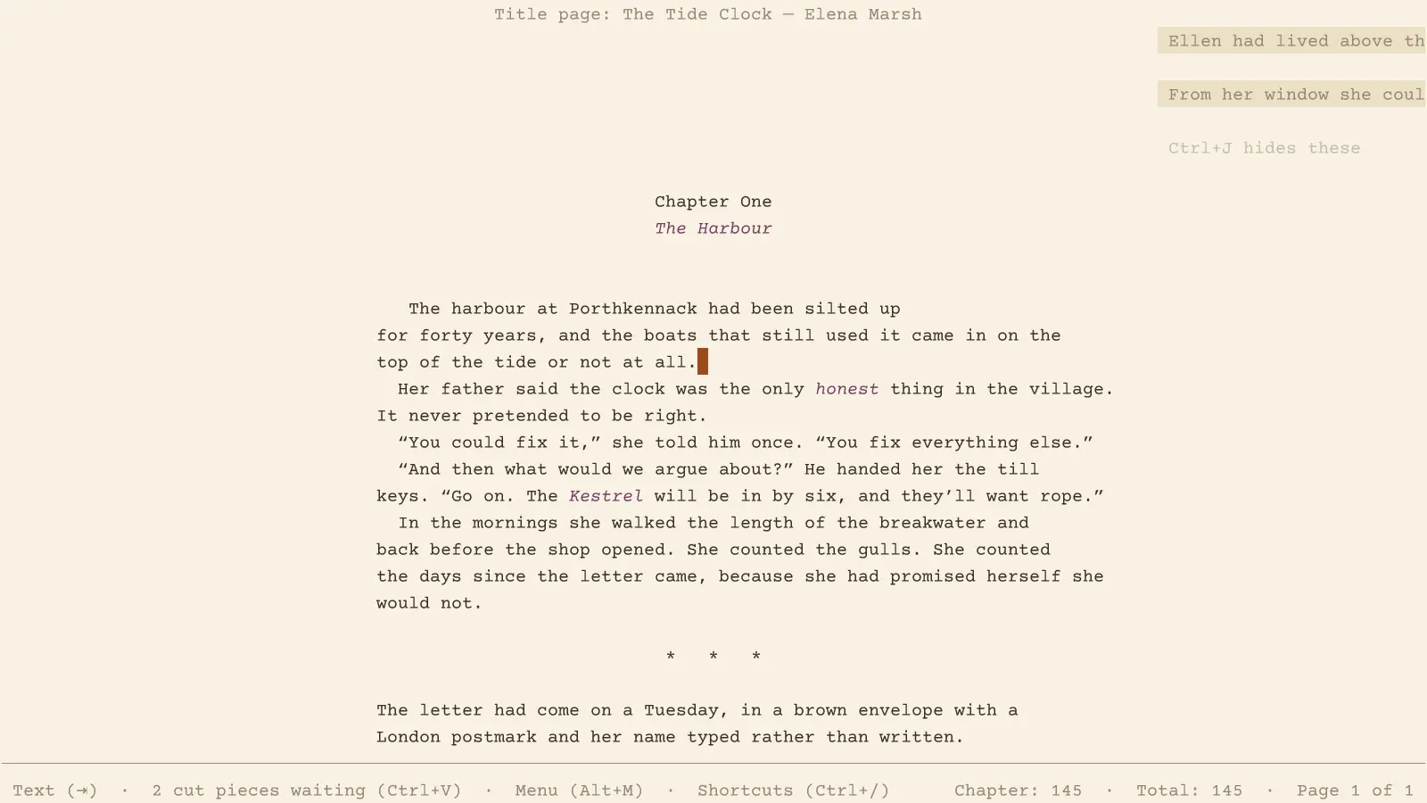 Writing in Perfect Day, with two cut sentences waiting in the right-hand margin