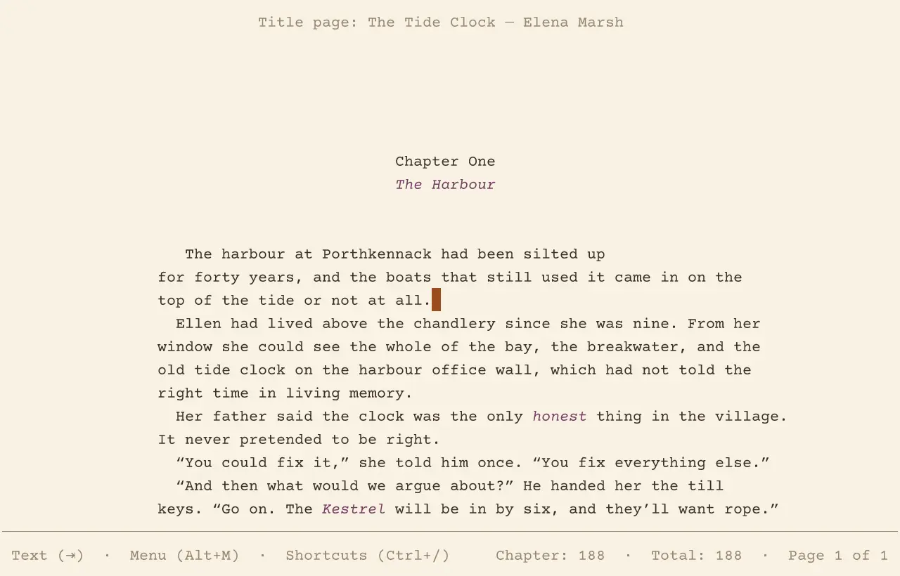 Writing a novel in Perfect Day: a chapter's opening in a typewriter face on warm paper, a quiet line at the foot, and nothing else